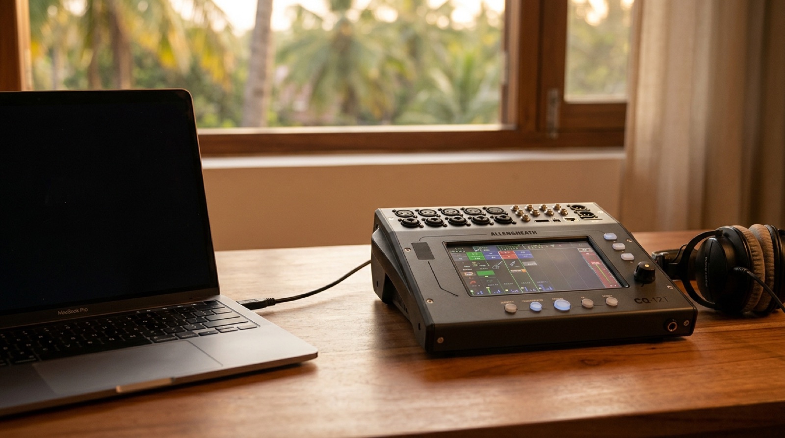 A small digital mixer joined to a laptop by one USB cable