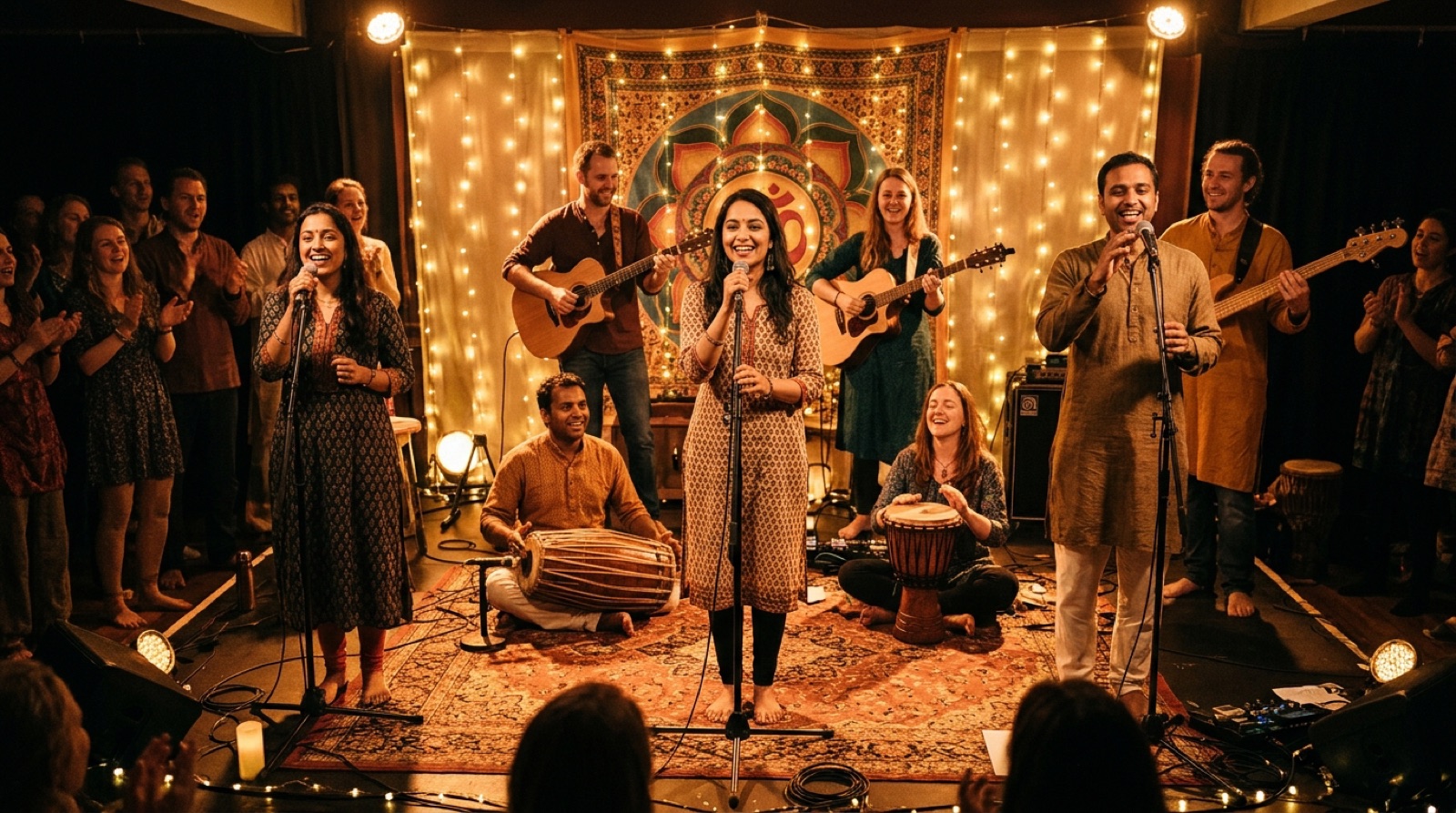 A kirtan band in a warm hall: singers at the front, guitars, a mridangam and a djembe, a tapestry behind them