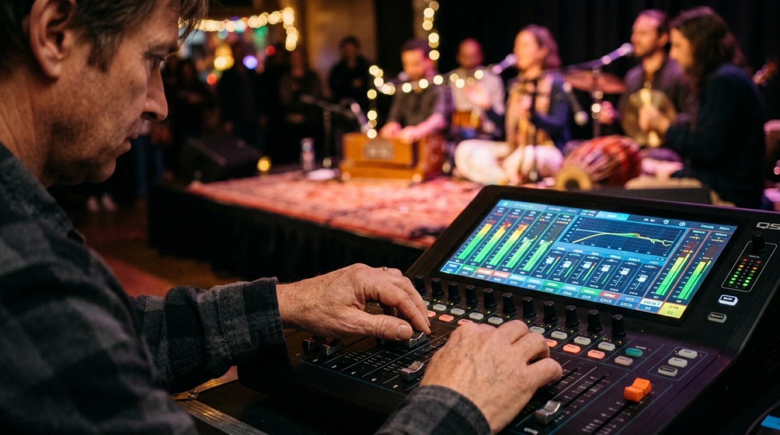 Hands on the faders of a small mixer