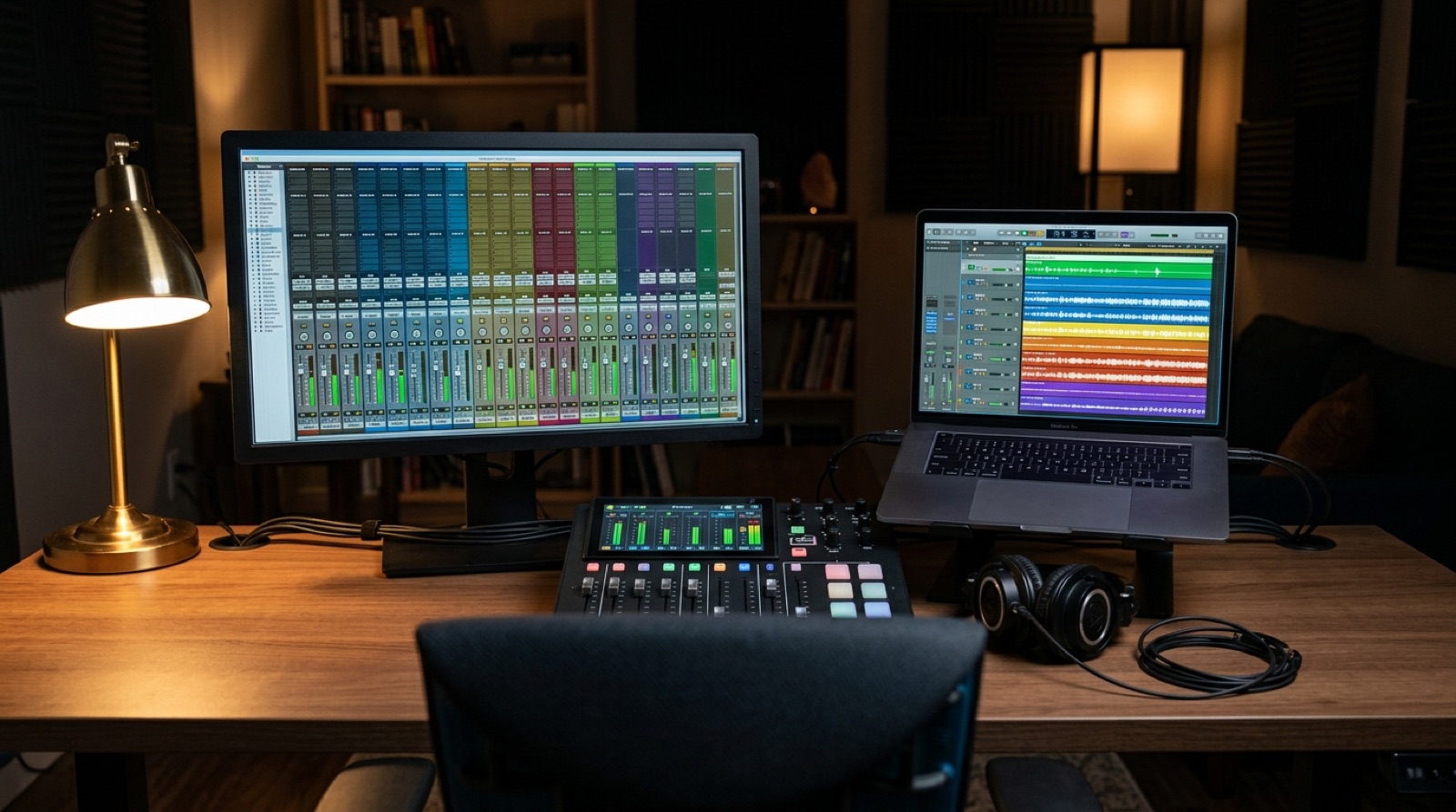 A desk with two screens, a mixer app on one and a lesson on the other