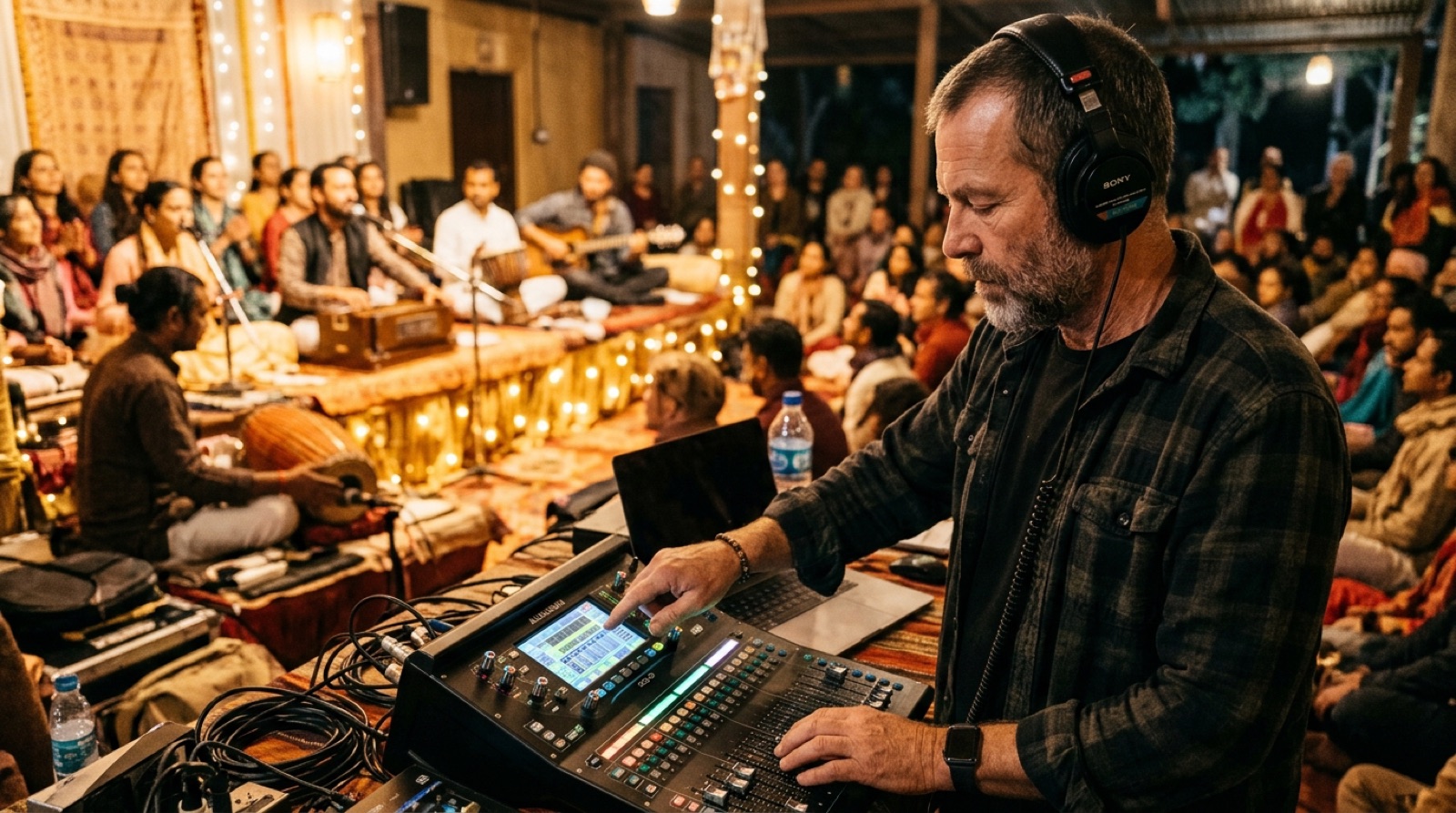 A sound engineer with headphones at a small digital mixer during a kirtan concert