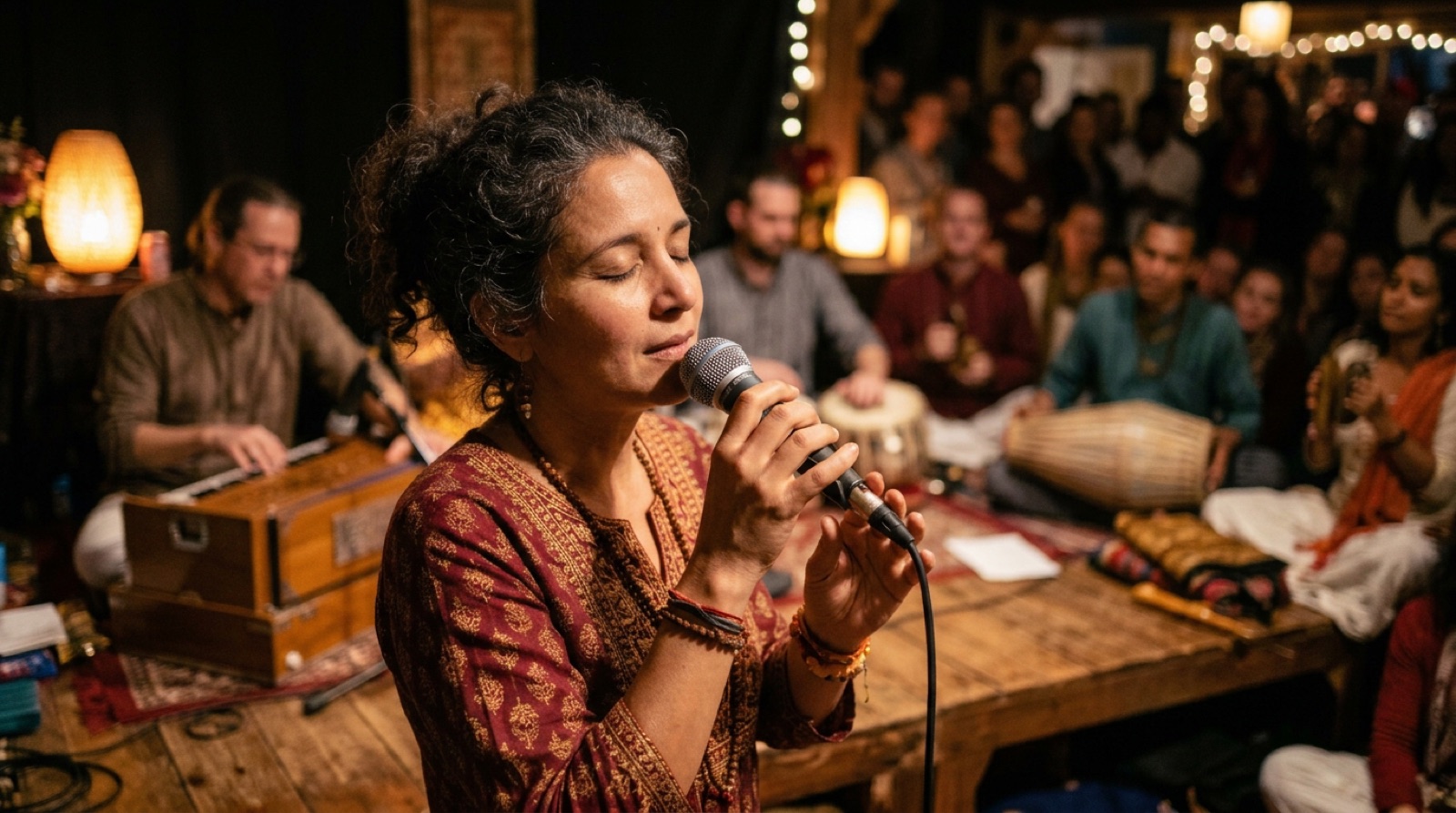 A singer at a microphone in warm light