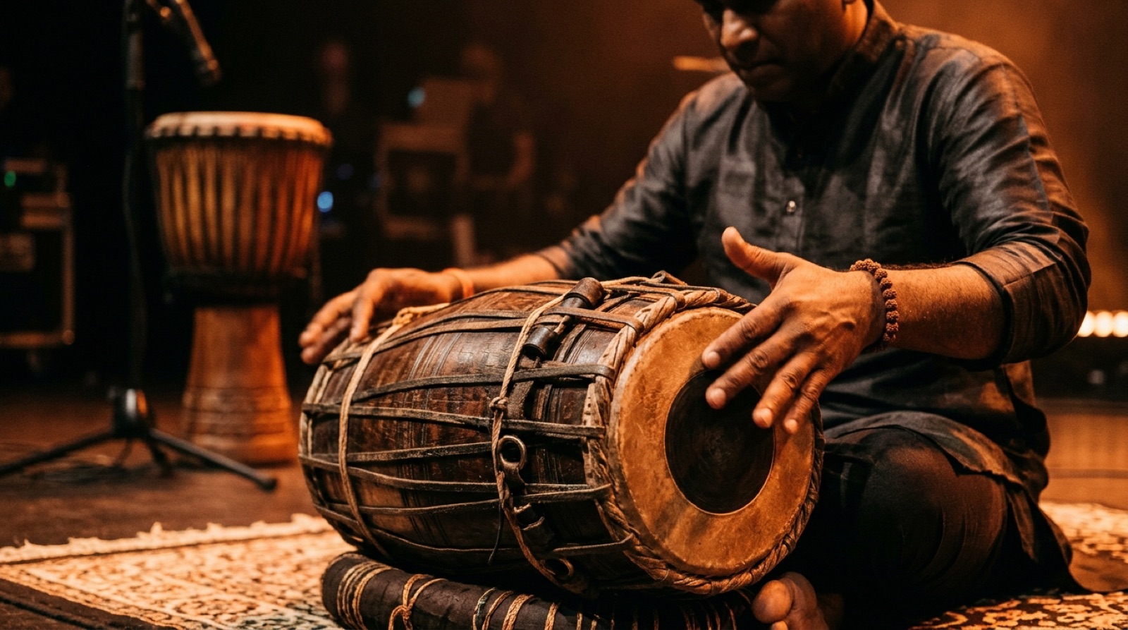 A mridangam played by hand