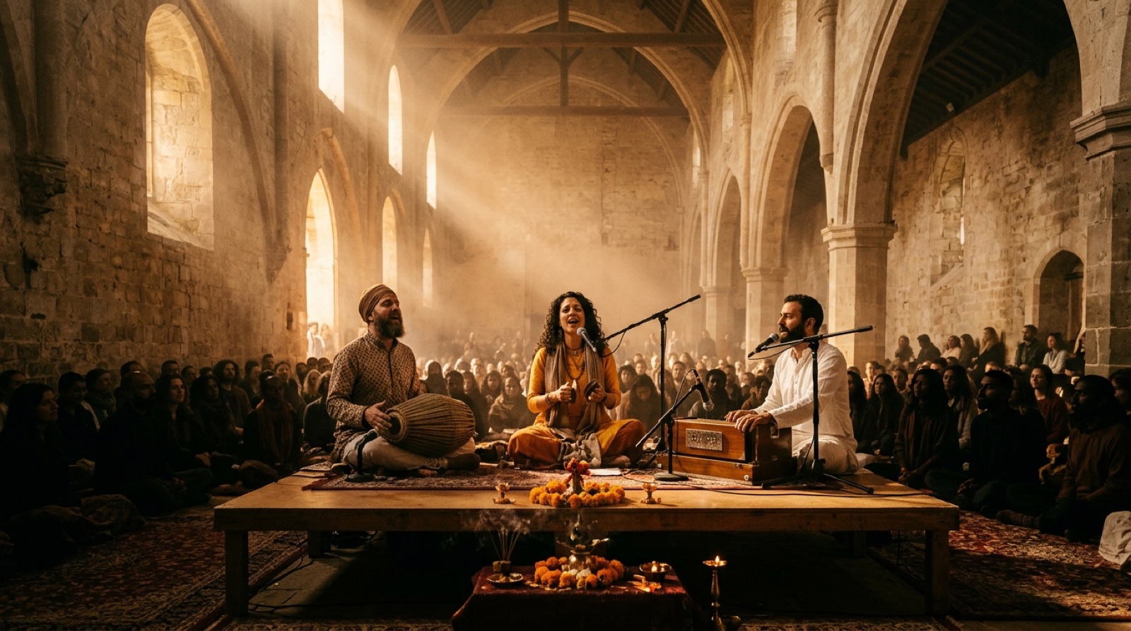Singers in a hall, lit by warm light